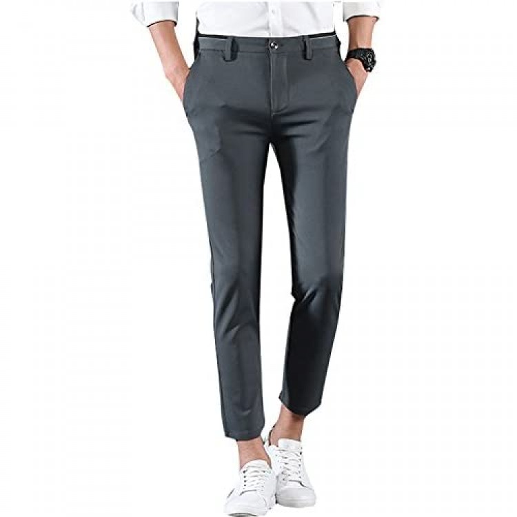 Plaid&Plain Men's Casual Stretch Flat Front Dress Pants Slim-Tapered Suit Pants