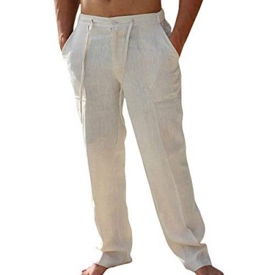 PASLTER Mens Casual Linen Pants Loose Fit Straight-Legs Elastic Drawstring Waist Summer Beach Long Pant