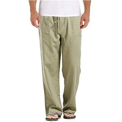 PERDONTOO Men's Casual Linen Pants Loose Fit Straight-Legs Elastic Drawstring Waist Beach Pants