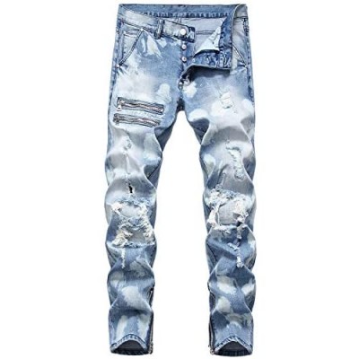 HENGAO Mens Destroyed Ripped Straight Fit Jeans