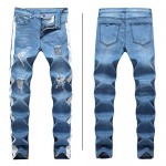 Men's Blue Slim Fit Jeans Stretch Destroyed Ripped Skinny Jeans Side Striped Ankle Zipper Denim Pants
