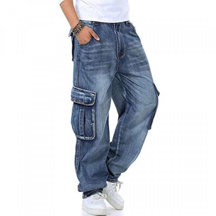 Yeokou Men's Casual Loose Hip Hop Denim Barrel Pants Jeans with Cargo Pockets