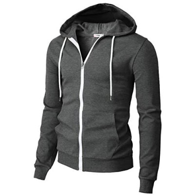 H2H Mens Casual Zip up Hoodie Jacket Double Cotton Lightweight Hooded
