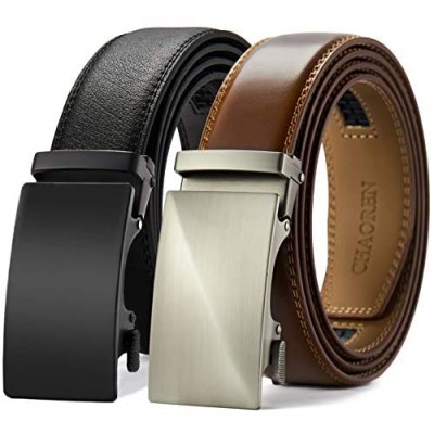 Chaoren Leather Ratchet Belt 2 Pack Dress with Click Sliding Buckle 1 3/8" in Gift Set Box - Adjustable Trim to Fit