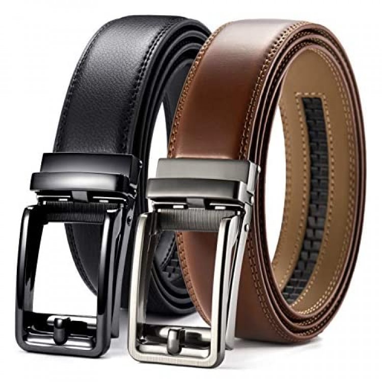 Leather Ratchet Dress Belt 2 Pack 1 3/8 Chaoren Click Adjustable Belt Comfort with Slide Buckle Trim to Exact Fit