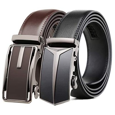 Mens Belt 2 Pack Leather Ratchet Click Belt Dress with Slide Buckle 1 3/8" in Gift Set Box- Size Adjustable