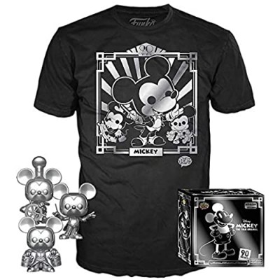 Funko Pop! 3 Pack & Tee: Disney - Mickey's 90th T-Shirt and Silver Steamboat Willie Conductor and Apprentice  Exclusive Size XL