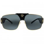Versace Squared Baroque VE 2207Q 100287 Gold Black Leather Metal Square Sunglasses Grey Lens