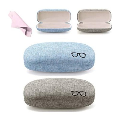 2 Pack Hard Shell Eyeglasses Case Protective Linen Case Fabrics Large Glasses Case Concise (Grey and Blue)