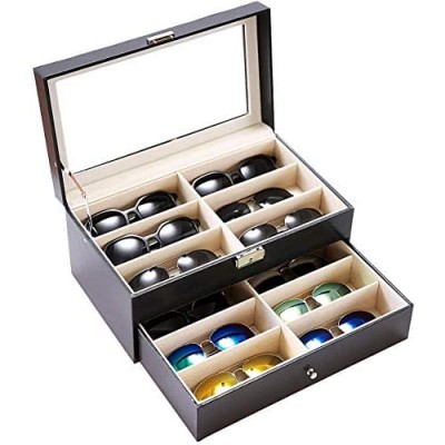 Leather Sunglasses Organizer with 2 Layers Eyeglasses Collection Case with 12 compartments Multi-Function Locakable Jewelry Collection Box for Women and Men