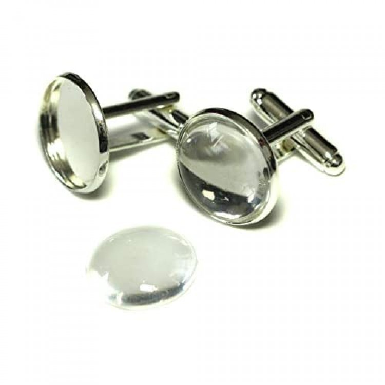 ALL in ONE Cufflinks Cuff Links Button Cabochon Blank Trays Frame with Clear Glass Dome (Silver 16mm - 10 Sets)