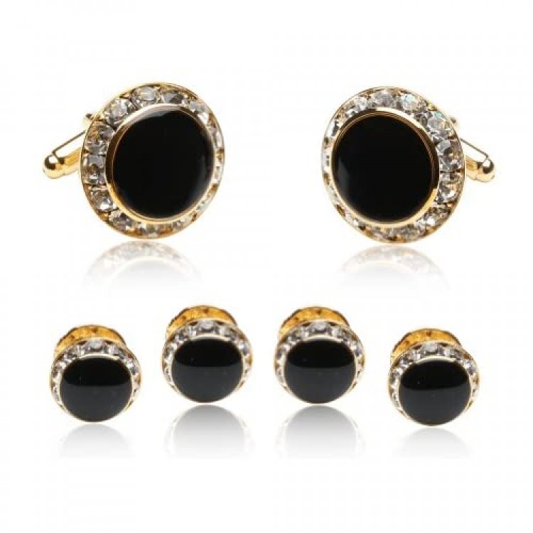 Black Enamel and CZ Gold Tuxedo Formal Set Cufflinks and Studs with Gift Box