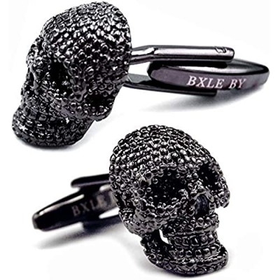 BXLE BY Cool Skull Cuff-Links Halloween 3D Skeleton Cufflinks Gothic Shirt Studs Button for Young Men Theme Party  Groomsmen Gift Pirate & Punk Style Suit Accesorries Jewelry Gun Metal Black