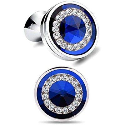 Cat Eye Jewels Round Silver Black Glass Crystal with Cubic Zirconia Inlay Mens Cufflinks for Men Luxurious Tuxedo Formal Shirts Wedding Busibess Gifts Box