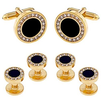 Cuff-Daddy Men's Black Onyx and Cubic Zirconia Gold Cufflinks Tuxedo Formal Set with Jewelry Presentation Box Gift Party Special Occasions Cufflinks for Wedding Anniversary Suit French Cuff Shirts