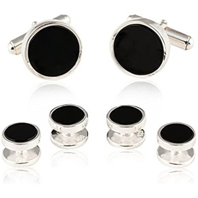 Cuff-Daddy Mens Solid 925 Sterling Silver Black Onyx Cufflinks and Studs Formal Set with Presentation Box Gift Party Special Occasions Wedding Anniversary Suit French Cuff Shirts