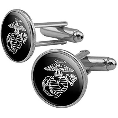 GRAPHICS & MORE Marines USMC White on Black Eagle Globe Anchor Logo Officially Licensed Round Cufflink Set Silver Color