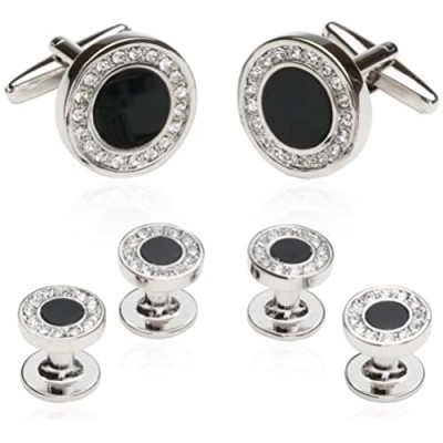 Men's Black Onyx and Cubic Zirconia Silver Cufflinks Studs Formal Set with Travel Presentation Gift Box Wedding Party Groom Groomsmen Special Occasions Cufflinks for Suit Tuxedo Shirts