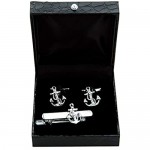 MRCUFF Anchor w/Chain Pair of Cufflinks & Tie Bar Clip in Presentation Gift Box and Polishing Cloth