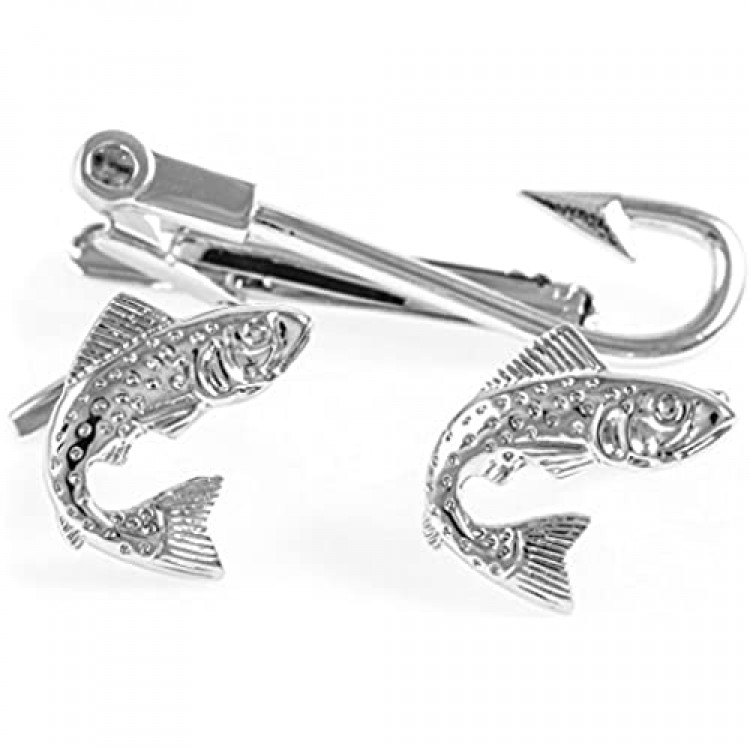 MRCUFF Fish Fisherman Fishing Hook Pair of Cufflinks & Tie Bar Clip in Presentation Gift Box & Polishing Cloth