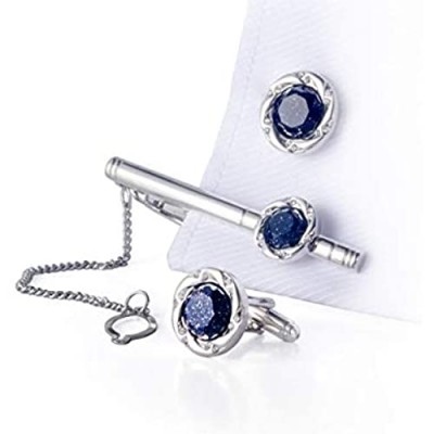BagTu Crystal Galaxy Cufflinks and Tie Clip Set with Gift Box and Greeting Card Round Dark Blue Cufflinks and Tie Clip Gift Set for Men