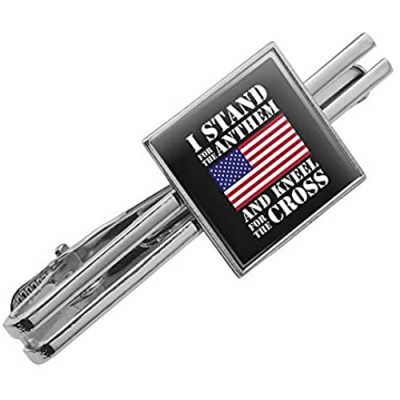 Graphics and More I Stand for The Flag Kneel Cross USA American Flag Patriotic Square Tie Bar Clip Clasp Tack- Silver or Gold