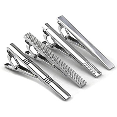 Lystaii 4pcs Tie Bar Clip Tie Tack Pins Tie Clips for Men Silver Necktie Bar Pinch Clip Set 2.3 Inch Metal Clasps Business Professional Fashion Designs