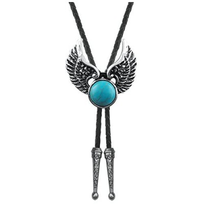 QUKE Bald Eagle Wing Natural Turquoise Stone Bolo Tie Native American Western Cowboy Handmade Genunie Leather
