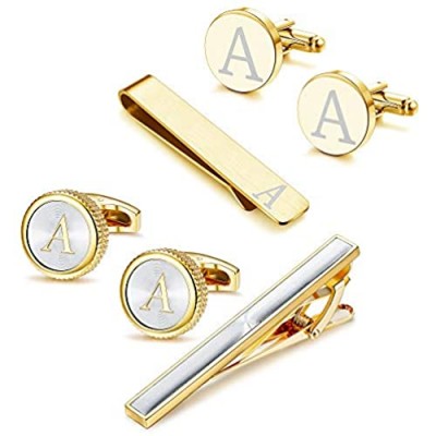 Thunaraz Cufflinks Tie Bar Clip Set Initials Alphabet Letter Cufflinks for Business Wedding with Gift Box A-Z