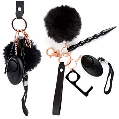 Self Defense Keychain for Women Girls - Portable Protection Key Chain Tools - Women Safety Keychain with Alarm Window Breaker No Touch Door Opener Wristlet Pompom - Black Personal Defense