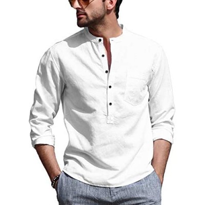 Babioboa Mens Henley Shirt Cotton Linen T-Shirt Casual Long Sleeve Henley Top with 5 Button