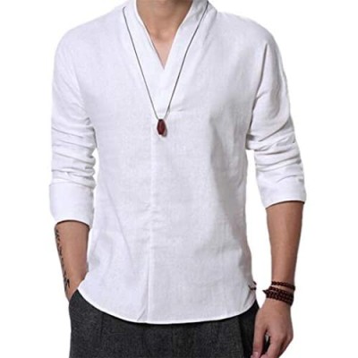 Cafuny Men's Casual Long Sleeve Solid Gentle Style Natural Linen Henley Popover Shirt