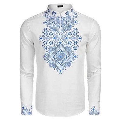 COOFANDY Men's Henley Shirt Long Sleeve Floral Print Casual Zip Up Cotton Beach Party Hippie T Shirt