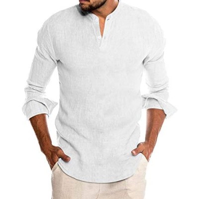 COOFANDY Mens Slim Fit Long Sleeve T-Shirts Linen Banded Collar Henley Shirts