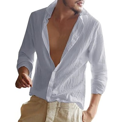 Enjoybuy Mens Linen Cotton Shirt Banded Collar Casual Long Sleeve Loose Fit Summer Beach T Shirts