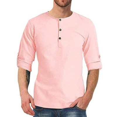 Esobo Mens Long Sleeve Henley Shirts Cotton Loose Tops Roll Up Shirts for Men Button Down Tees