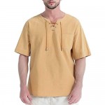 Fashonal Men's Cotton Linen Shirts Hippie Casual Lace Up Tunic Short Sleeves Yoga Beach Top