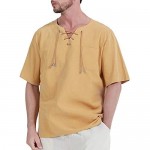 Fashonal Men's Cotton Linen Shirts Hippie Casual Lace Up Tunic Short Sleeves Yoga Beach Top