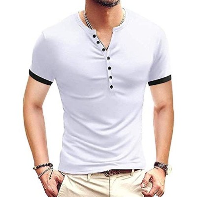 Haloumoning Men's Casual Front Placket Short Sleeve Henley T-Shirts Slim Fit Button Cotton Shirts