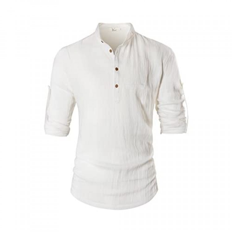 KEYBUR Beloved Mens Henley Neck Long Sleeve Popover Daily Look Linen Shirts