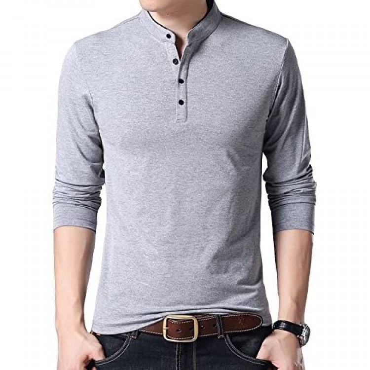 LINGMIN Men's Casual Fashion Long Sleeve Henley - Botton Placket Slim Fit T-Shirts Crew Neck Solid Cotton Shirt