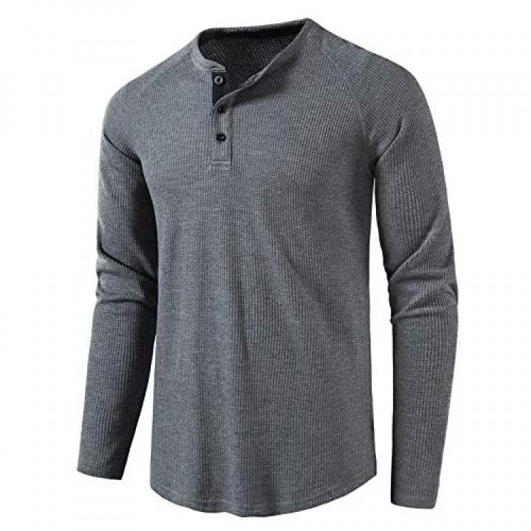 LOCALMODE Men's Casual Crew Neck Long Sleeve T Shirts of Waffle Henley