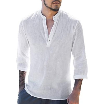 Makkrom Mens Linen Henley Shirts Long Sleeve Summer Casual Loose Fit Beach T-Shirt Tops