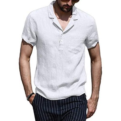 Makkrom Mens Linen Henley Shirts Short Sleeve Loose Fit Casual Beach Yoga Shirt Tops with Pocket