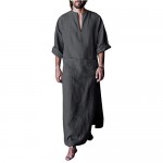 Makkrom Men's V-Neck Long Sleeve Robe Side Split Kaftan Long Gown Thobe for Beach Summer