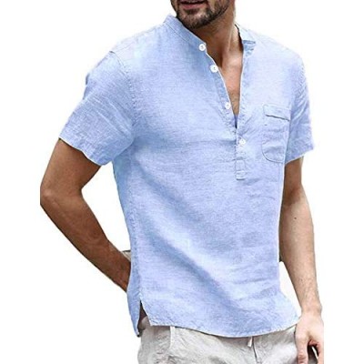 Mens Casual Henley T Shirts Linen Cotton Short Sleeve Button Up Banded Collar Beach Tops with Pocket