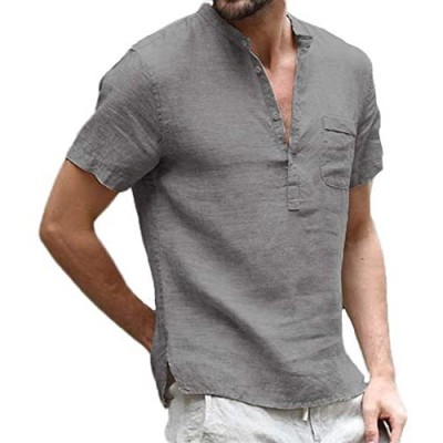 Men's Henley Cotton Linen T-Shirts Short Sleeve Buttons Pocket Summer Beach Tops