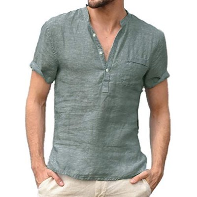 Men's Linen Cotton Henley Shirt - Casual Short/Long Sleeve Hippie Button Up Beach T Shirts -7 Colors