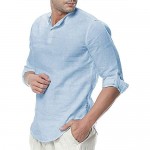Mens Linen Cotton Henley Shirts 3/4 Sleeve Button Up Tops Summer Tees Beach Rolled Up Casual Hippie Blouses