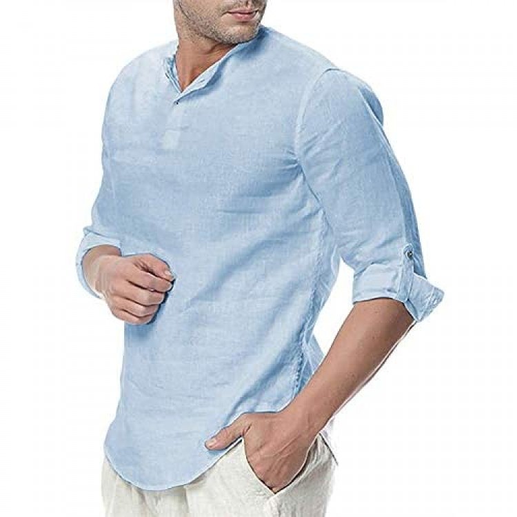 Mens Linen Cotton Henley Shirts 3/4 Sleeve Button Up Tops Summer Tees Beach Rolled Up Casual Hippie Blouses